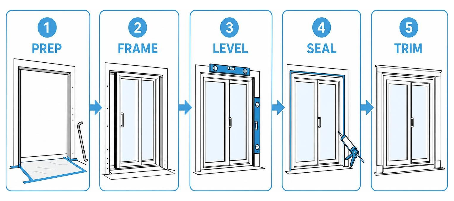 Custom patio door installation sequence: prep, frame, level, seal, trim Custom patio door installation sequence: prep, frame, level, seal, trim