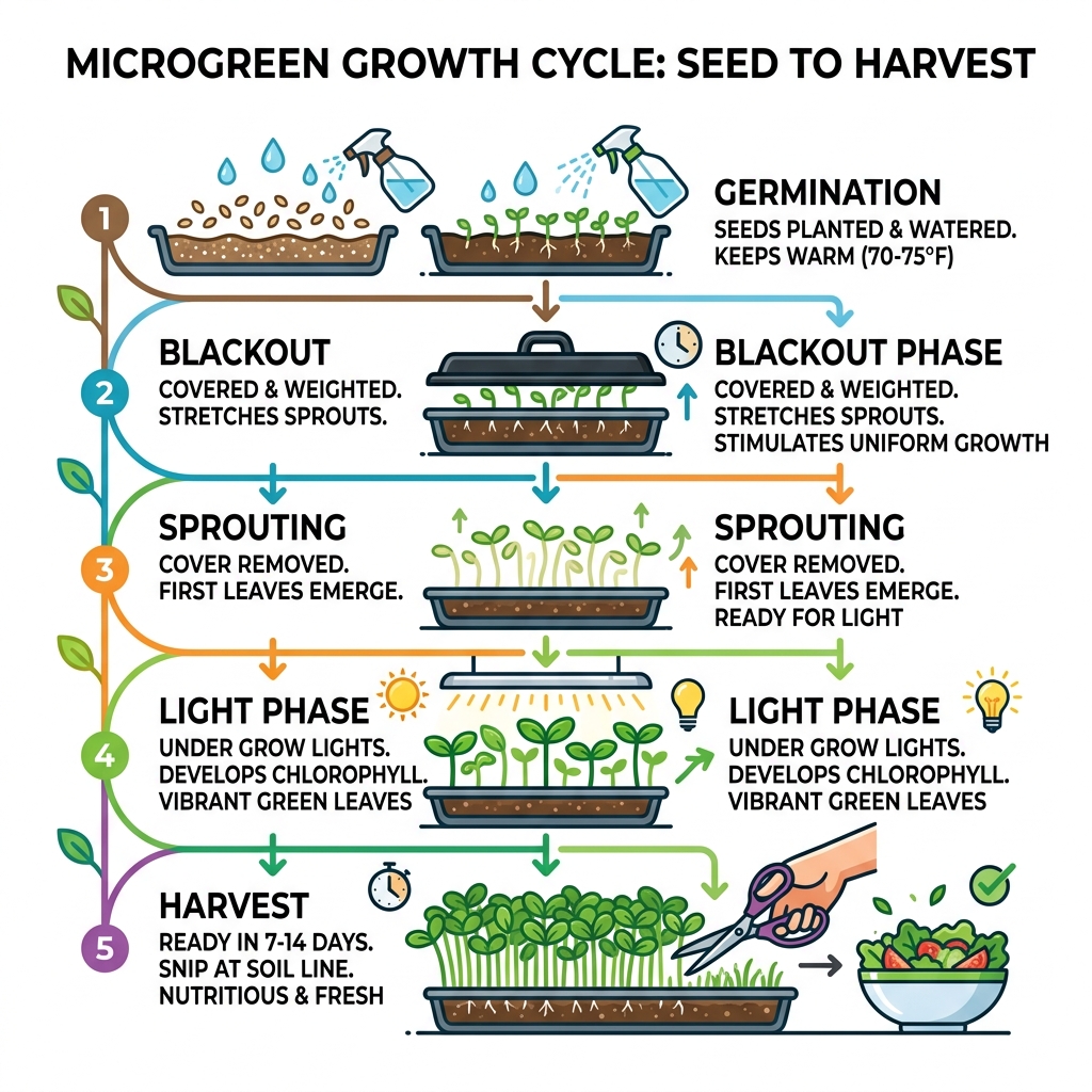 Microgreen growth cycle from seed to harvest — germination, blackout, sprouting, light phase, harvest - indoor microgreens