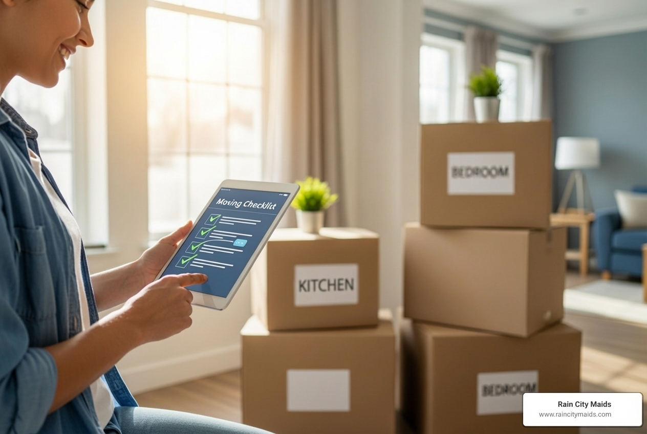 Infographic showing 5 key steps to an affordable move-in process in Bellevue: 1. Plan your services early and compare quotes, 2. Pack strategically and declutter before moving day, 3. Coordinate movers or labor help for heavy items, 4. Schedule professional move-in cleaning before unpacking, 5. Unpack room by room starting with essentials - affordable move-in service in bellevue, wa