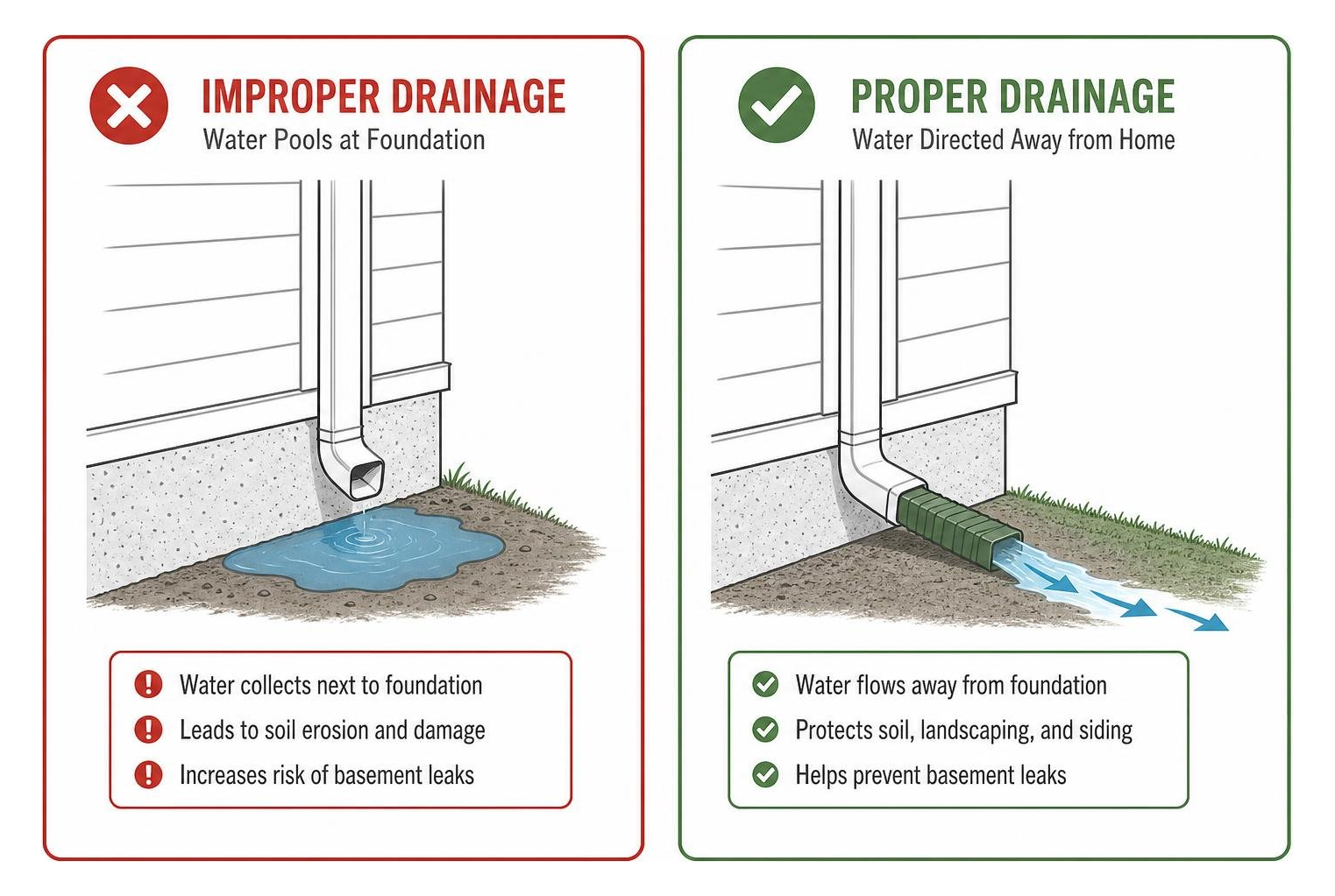 A comparison of water pooling at a foundation versus water safely directed away via extension A comparison of water pooling at a foundation versus water safely directed away via extension