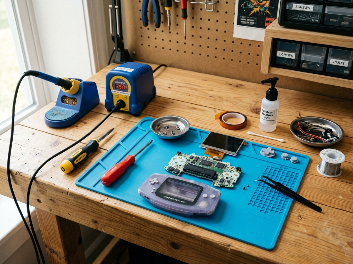 Clean workspace with modding tools like screwdrivers, soldering iron, and tweezers - tutorial mod Game Boy