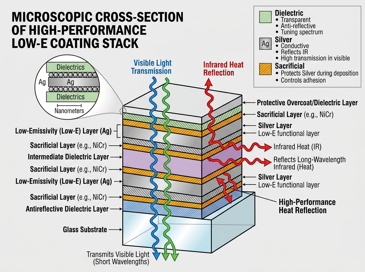 Diagram showing the microscopic layers of a low-e coating including silver and metallic oxide layers - energy efficient low