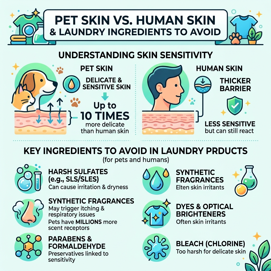 infographic comparing pet skin sensitivity vs human skin and key ingredients to avoid in laundry products - pet friendly