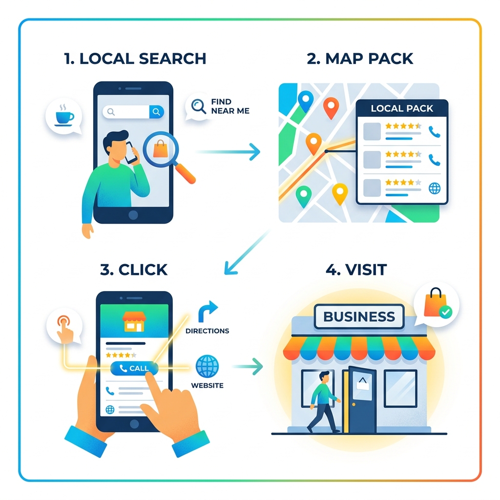 Customer journey from local search query to in-store visit, showing search, map pack, click, and visit steps - online local