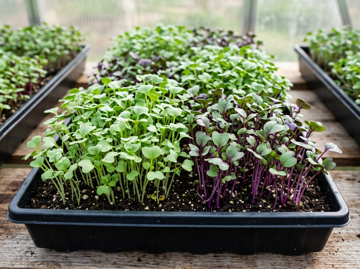Vibrant Brassicaceae microgreens including broccoli and purple radish - types of microgreens