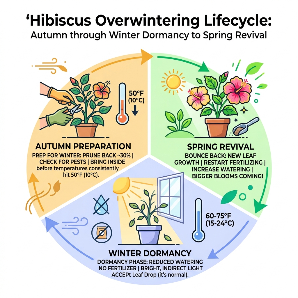 Hibiscus overwintering lifecycle from autumn through winter dormancy to spring revival infographic - bringing hibiscus Hibiscus overwintering lifecycle from autumn through winter dormancy to spring revival infographic - bringing hibiscus
