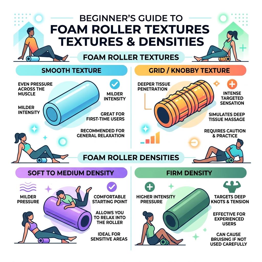 Comparison of foam roller textures and densities for beginners - foam yoga roller beginner infographic 