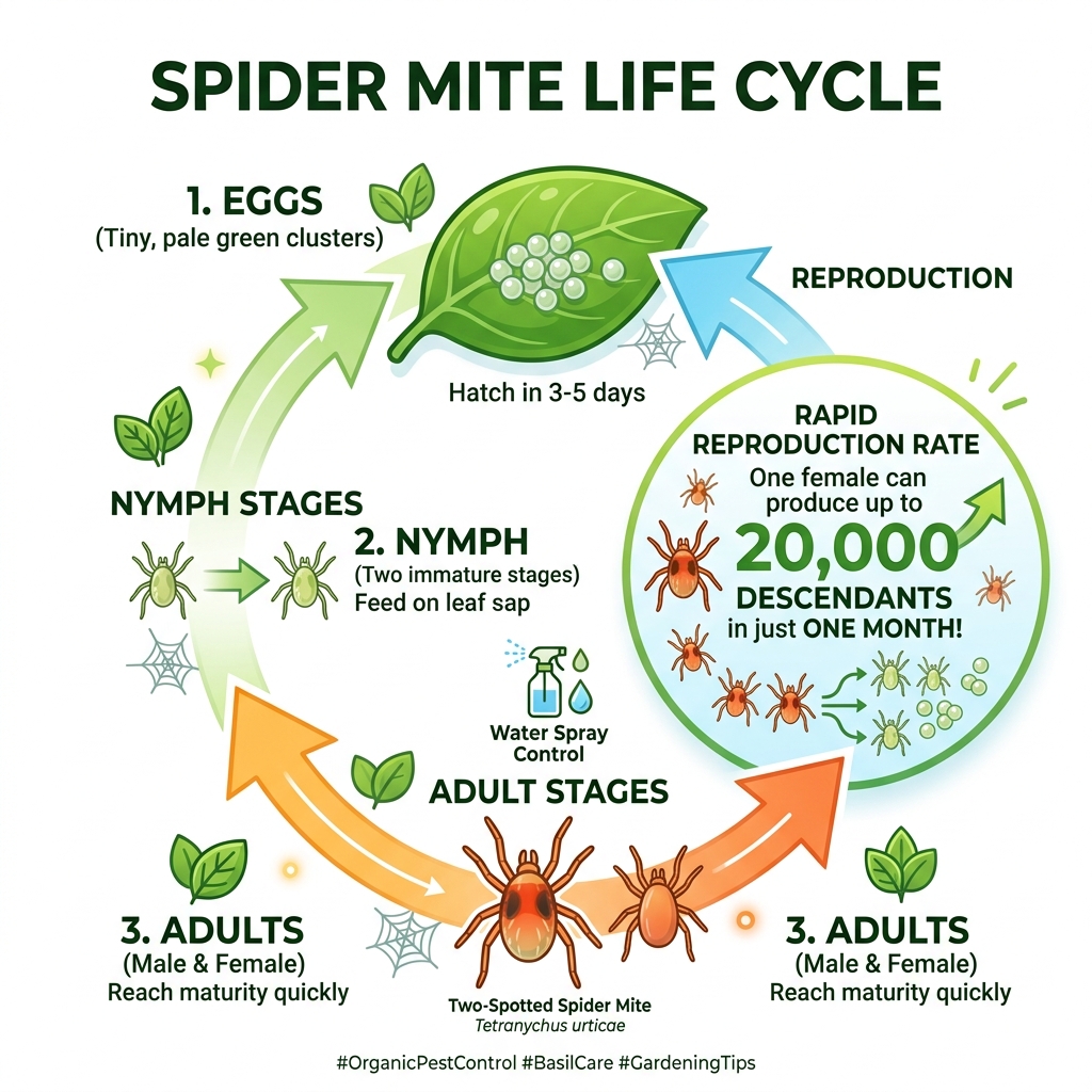 Spider mite life cycle infographic showing egg, nymph, and adult stages with reproduction rate - spider mites on basil
