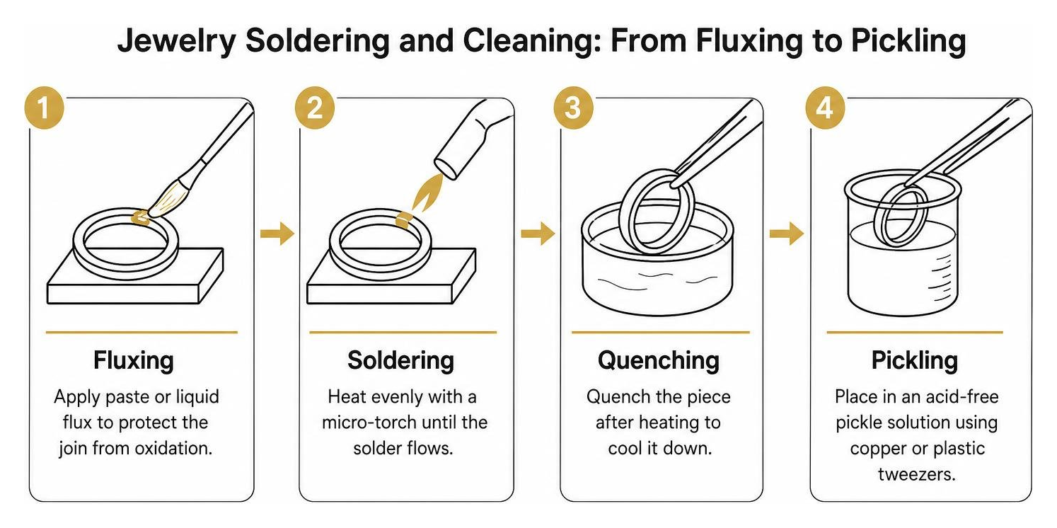 Step-by-step jewelry soldering and cleaning sequence from fluxing to pickling Step-by-step jewelry soldering and cleaning sequence from fluxing to pickling