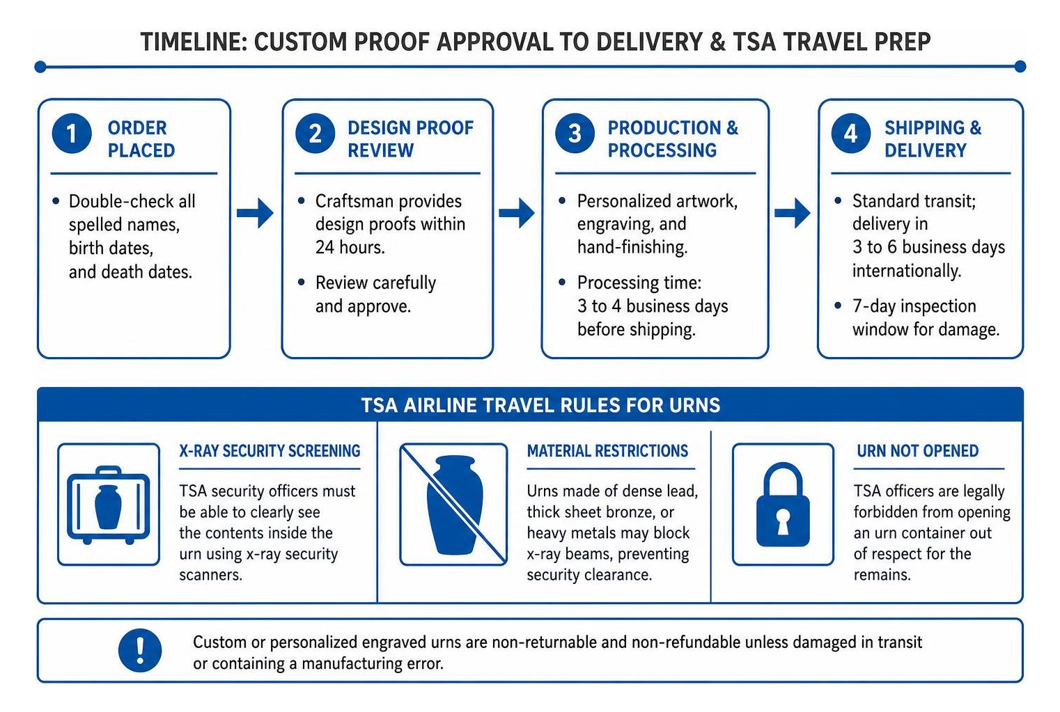 Timeline from custom proof approval to delivery and TSA travel prep Timeline from custom proof approval to delivery and TSA travel prep