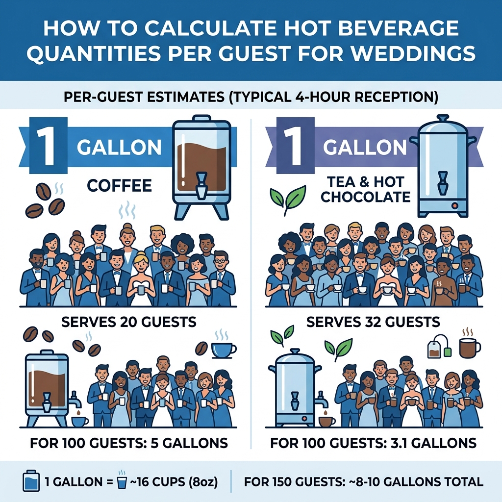 Infographic showing how to calculate hot beverage quantities per guest for weddings - Hot beverage service infographic Infographic showing how to calculate hot beverage quantities per guest for weddings - Hot beverage service infographic