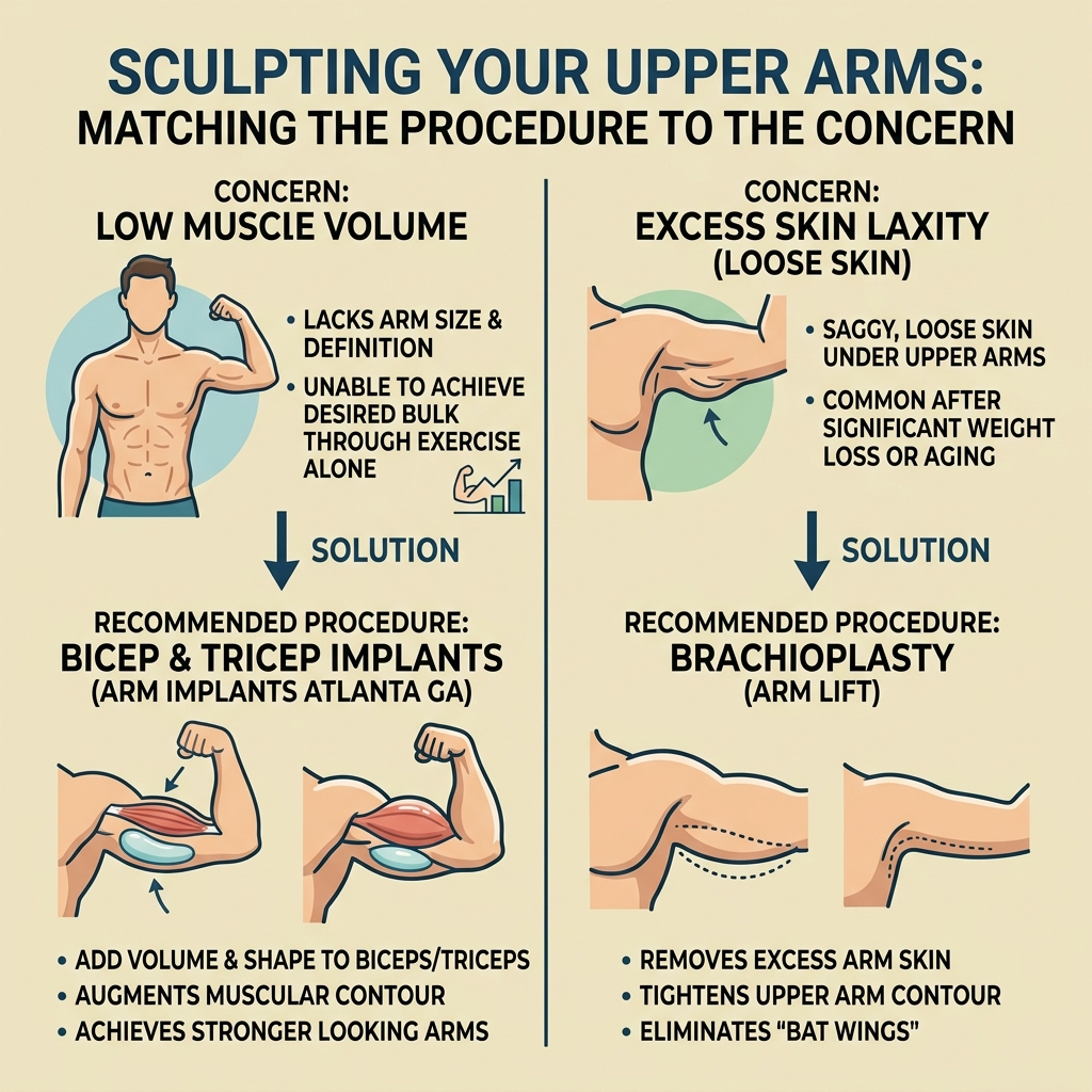 Infographic comparing muscle volume vs skin laxity and matching each to the right arm procedure - arm implants atlanta ga