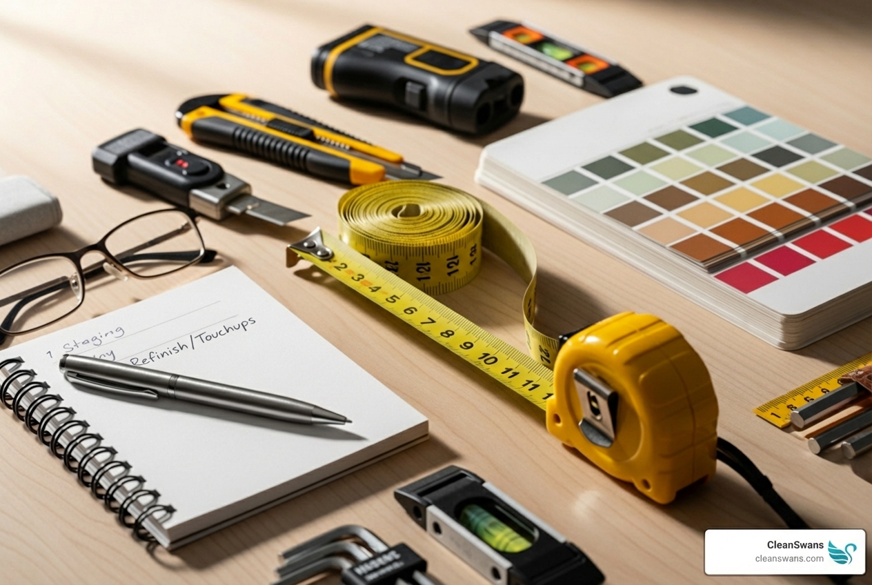 stager's toolkit including a tape measure, paint swatch book, and notepad - Home staging consultation
