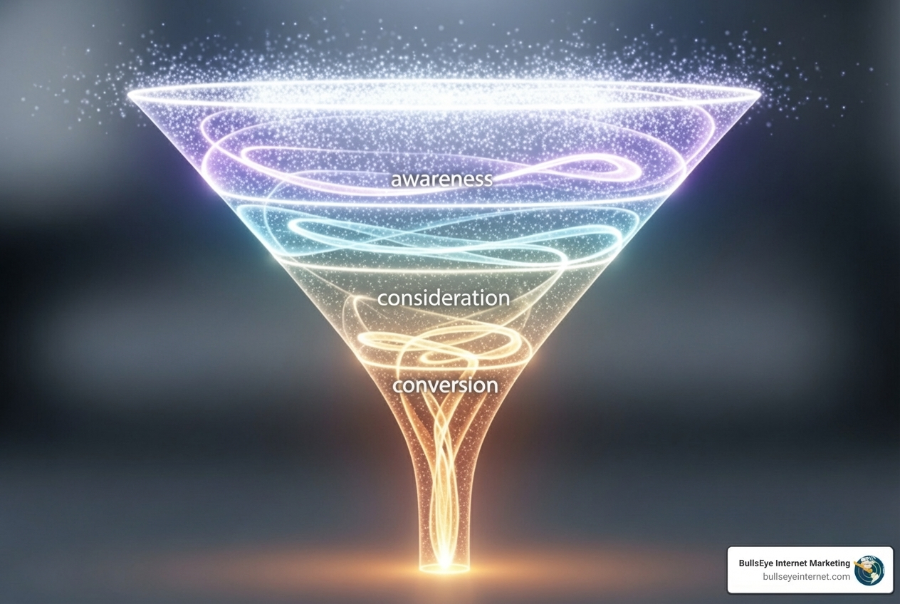 A marketing funnel illustrating the customer journey from awareness to conversion, with different PPC campaign types targeting each stage - pay per click management expert Visual representation of a marketing funnel illustrating awareness, consideration, and conversion stages, with a glowing, swirling design and branding for BullsEye Internet Marketing.