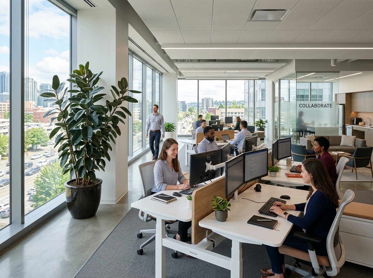 modern office with a large rubber tree - big low maintenance indoor plants