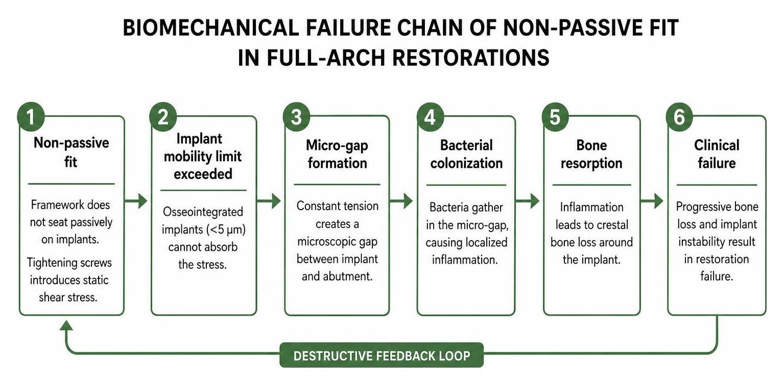 Biomechanical failure chain of non-passive fit in full-arch restorations