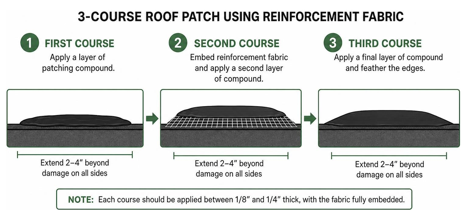Sequence of 3-course roof patch application using reinforcement fabric Sequence of 3-course roof patch application using reinforcement fabric