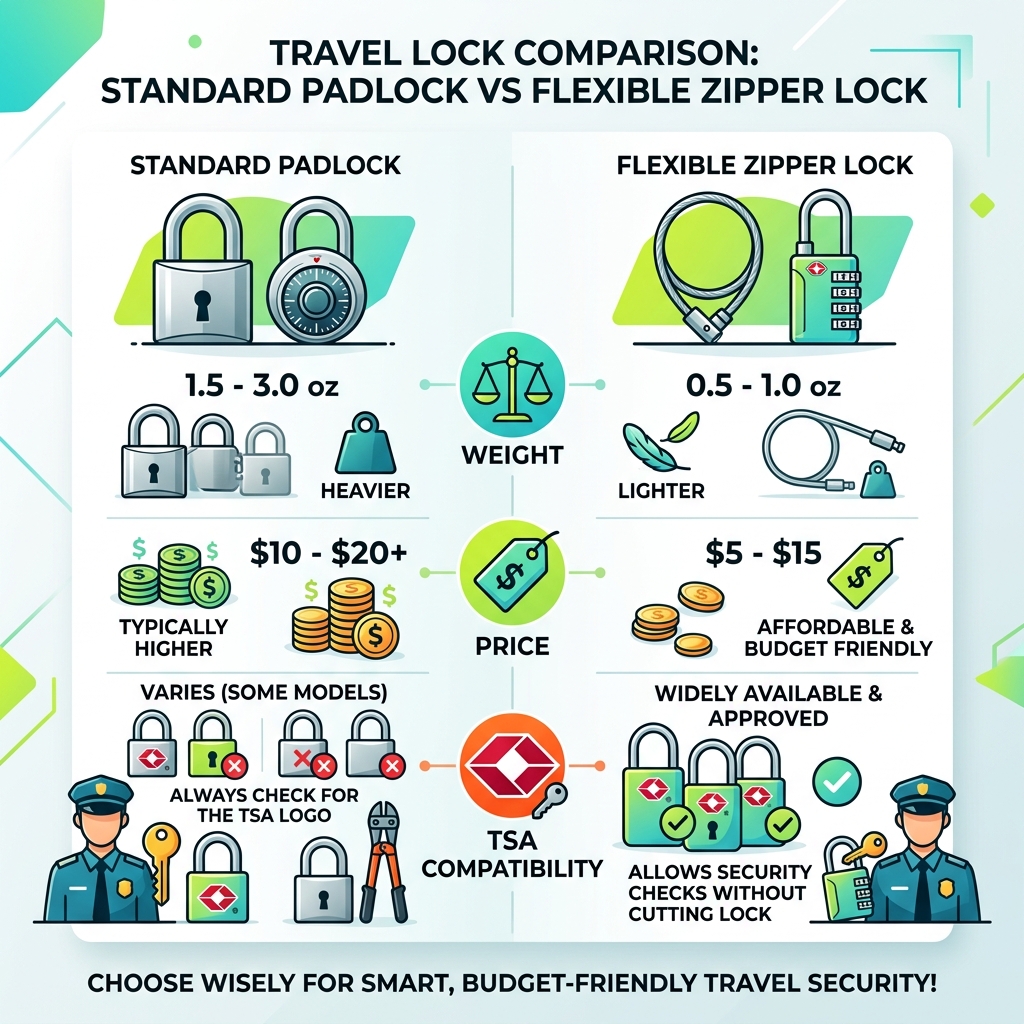 Infographic comparing standard padlocks vs flexible zipper locks: weight, price, TSA compatibility - budget friendly zipper