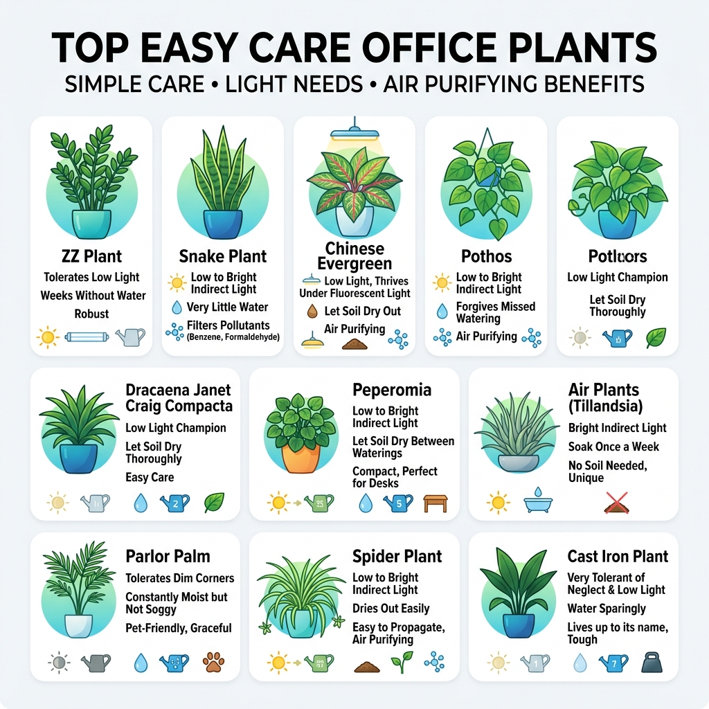 Infographic showing top easy care office plants with light needs, watering frequency, and air purifying benefits - easy care