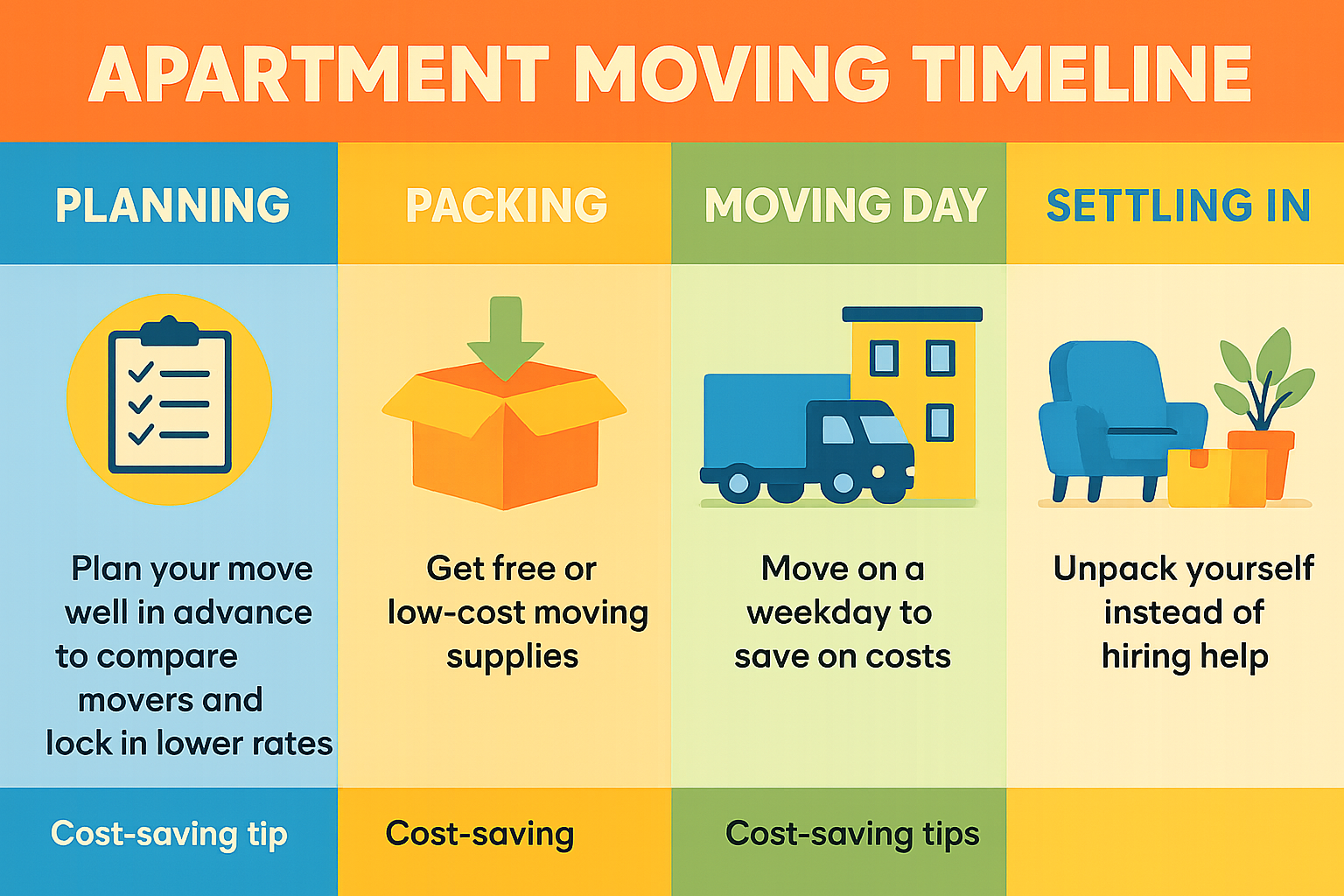 Apartment moving timeline showing planning, packing, moving day, and settling in phases with cost-saving tips at each stage - Affordable apartment movers infographic 