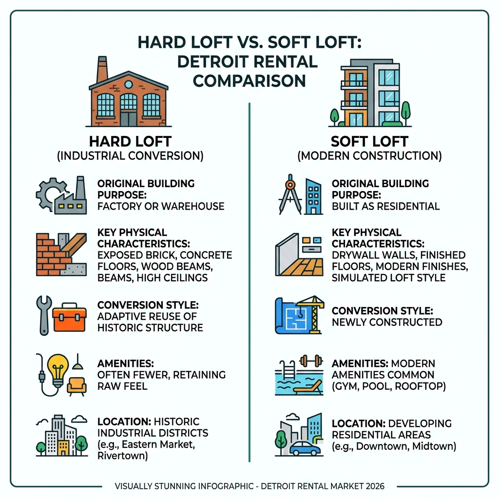 Hard loft vs soft loft comparison infographic for Detroit rental market - downtown detroit lofts infographic 