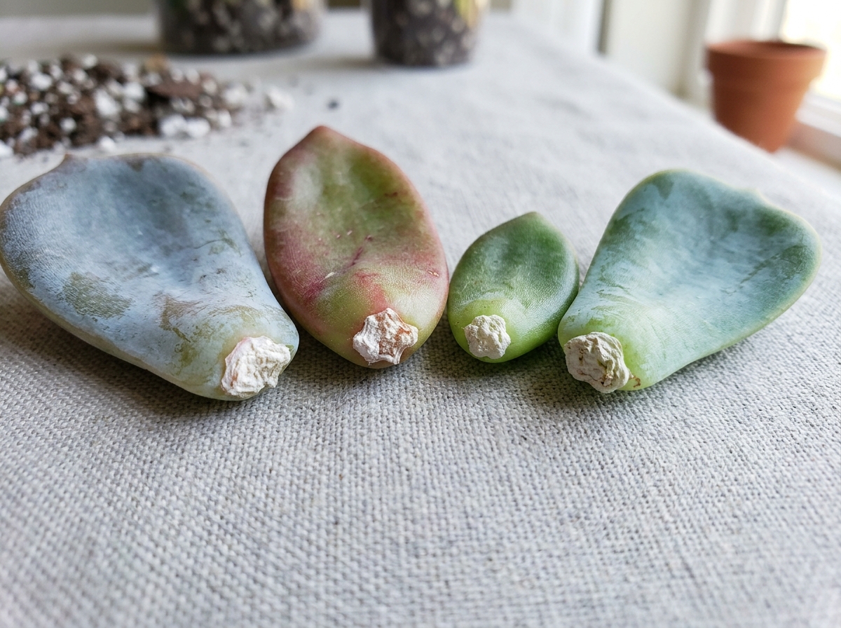 Calloused succulent leaf ends ready for soil - propagate succulent leaves winter Calloused succulent leaf ends ready for soil - propagate succulent leaves winter