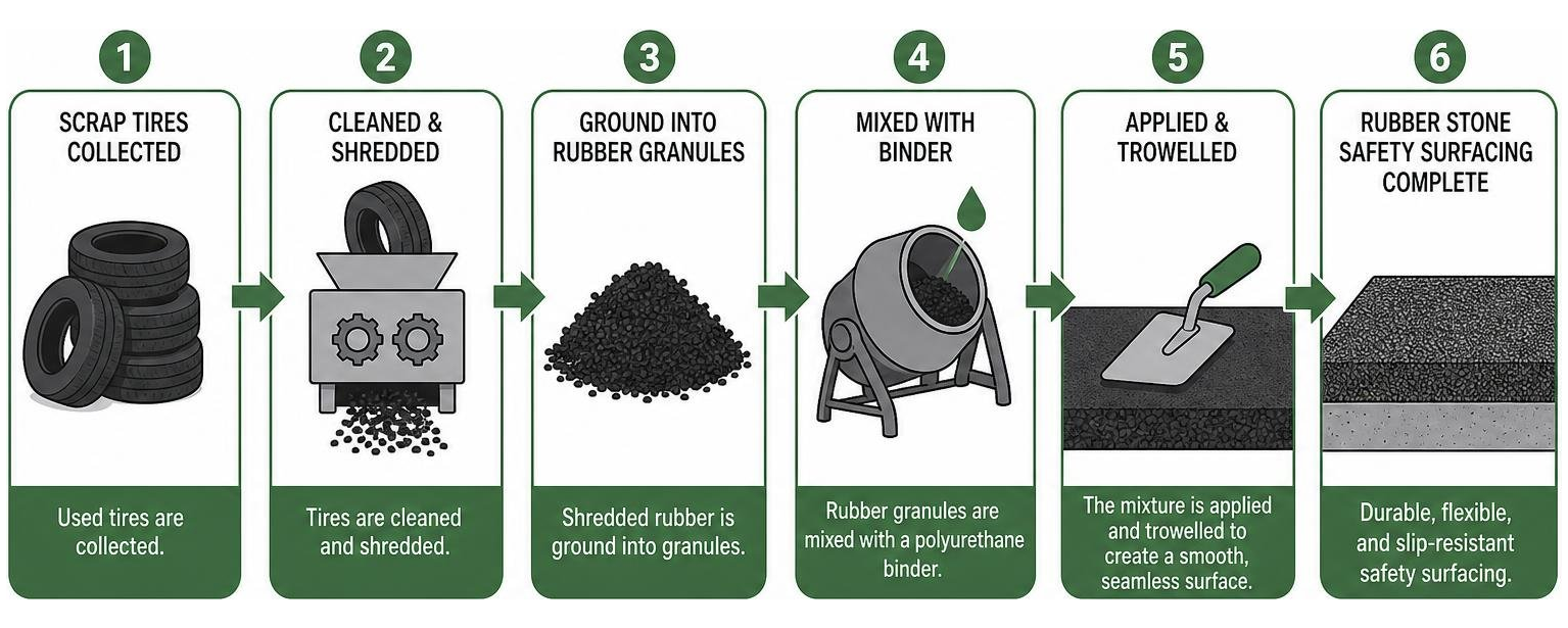 Diagram showing the recycling process of scrap tires into rubber stone safety surfacing Diagram showing the recycling process of scrap tires into rubber stone safety surfacing