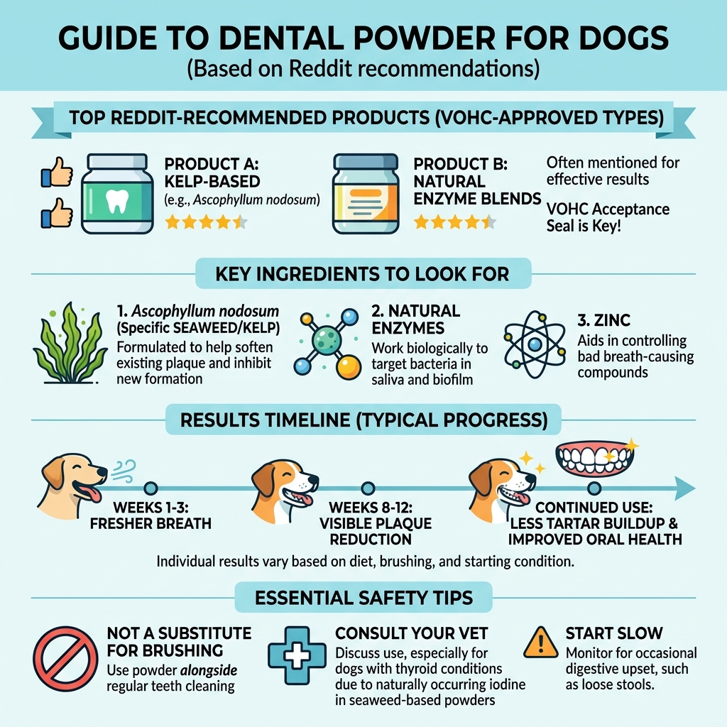 dental powder for dogs infographic showing top Reddit-recommended products, key ingredients, results timeline and safety