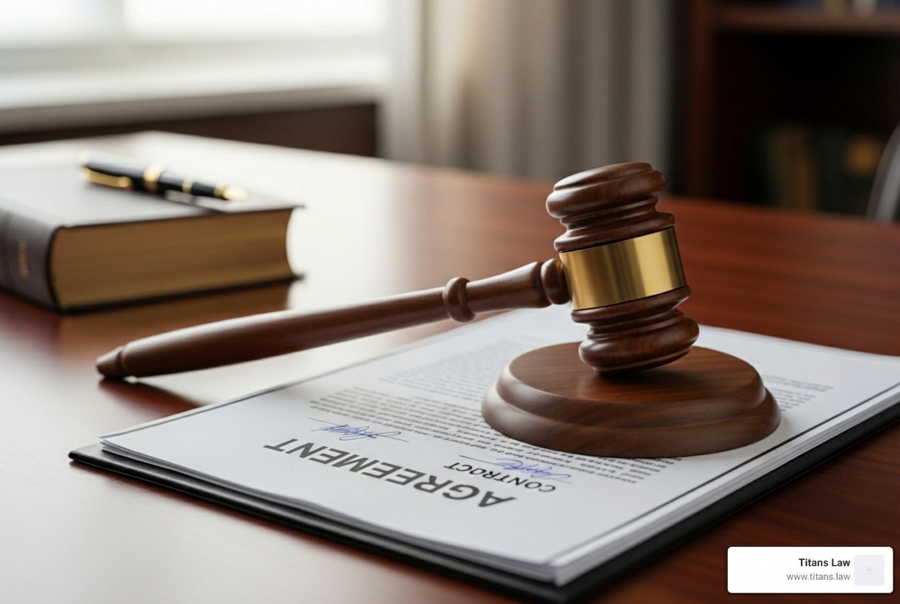 Gavel resting on a prenuptial agreement document with signatures, symbolizing legal protection for business assets and financial interests, alongside a law book and pen, representing Titans Law's focus on strategic legal agreements.