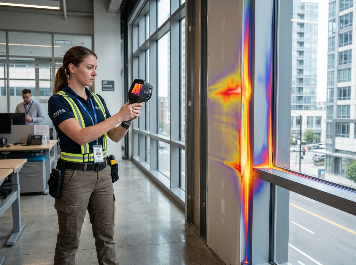 An energy auditor using a thermal camera to identify heat loss in a commercial building - performance énergétique batiment