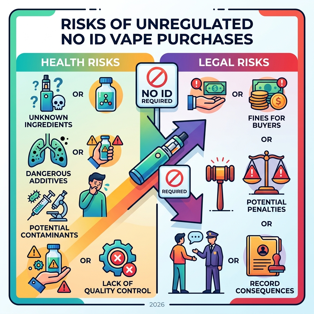 Infographic showing health and legal risks of unregulated no ID vape purchases - no ID vape infographic Infographic showing health and legal risks of unregulated no ID vape purchases - no ID vape infographic
