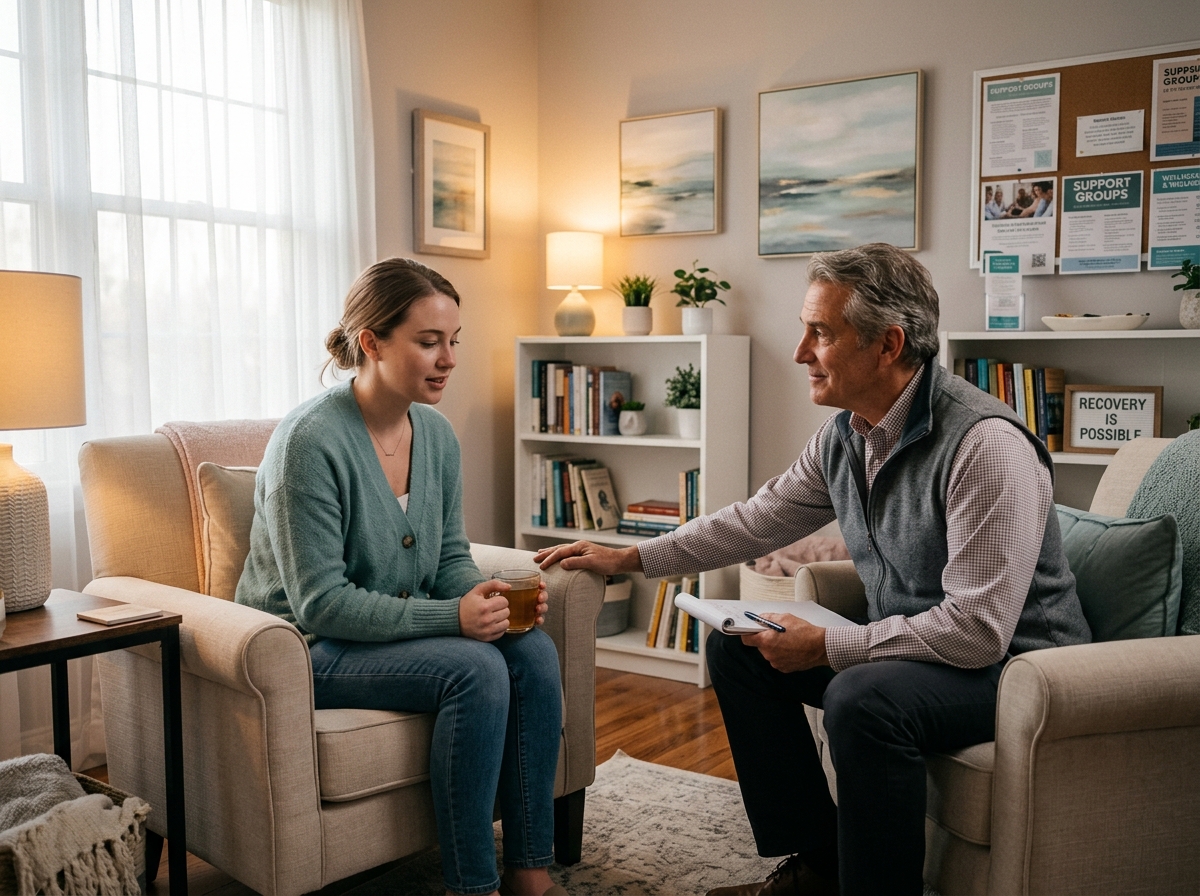 A person in a supportive recovery environment receiving guidance - alcohol recovery coaching A person in a supportive recovery environment receiving guidance - alcohol recovery coaching