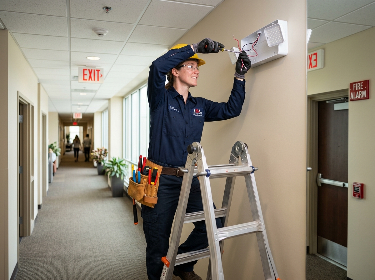 Professional electrician on a ladder installing a modern LED emergency light fixture - Emergency light repair Professional electrician on a ladder installing a modern LED emergency light fixture - Emergency light repair