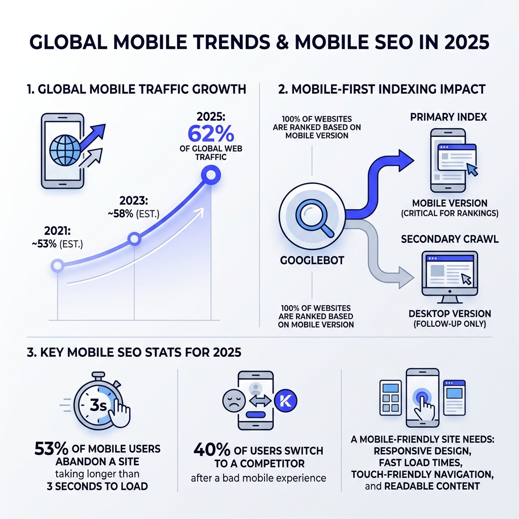 Infographic Showing Global Mobile Traffic Growth, Mobile-First Indexing Impact, And Key Mobile Seo Stats For 2025