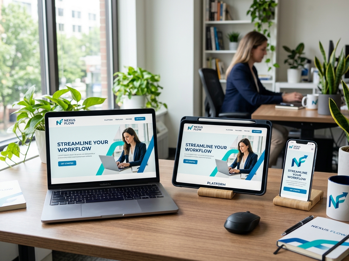 Cohesive brand identity displayed across a smartphone, tablet, and laptop screen - branding & graphic design Cohesive brand identity displayed across a smartphone, tablet, and laptop screen - branding & graphic design