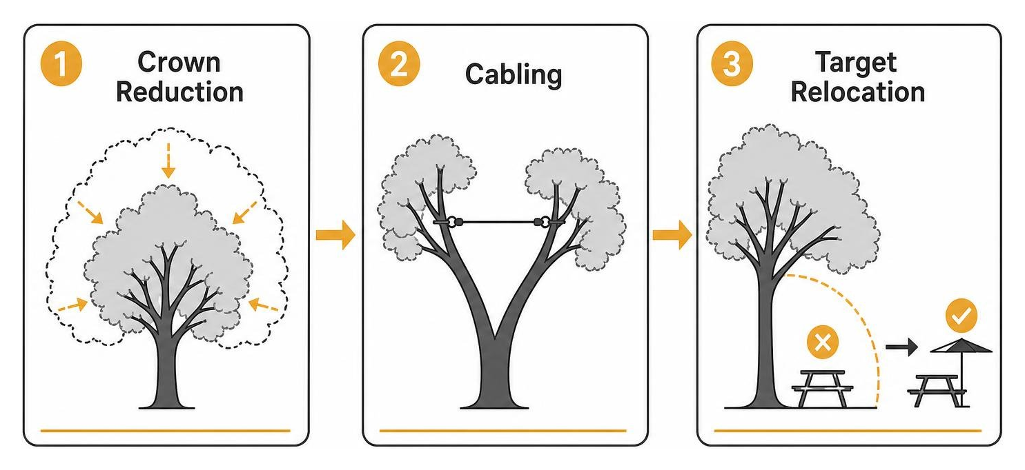 Sequence of non-removal options: crown reduction to cabling to target relocation