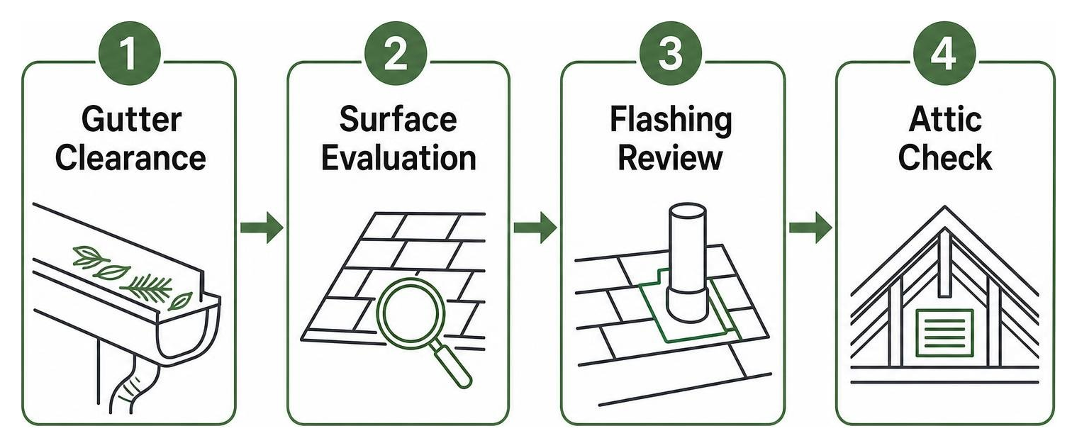 Roof inspection sequence: gutter clearance, surface evaluation, flashing review, attic check