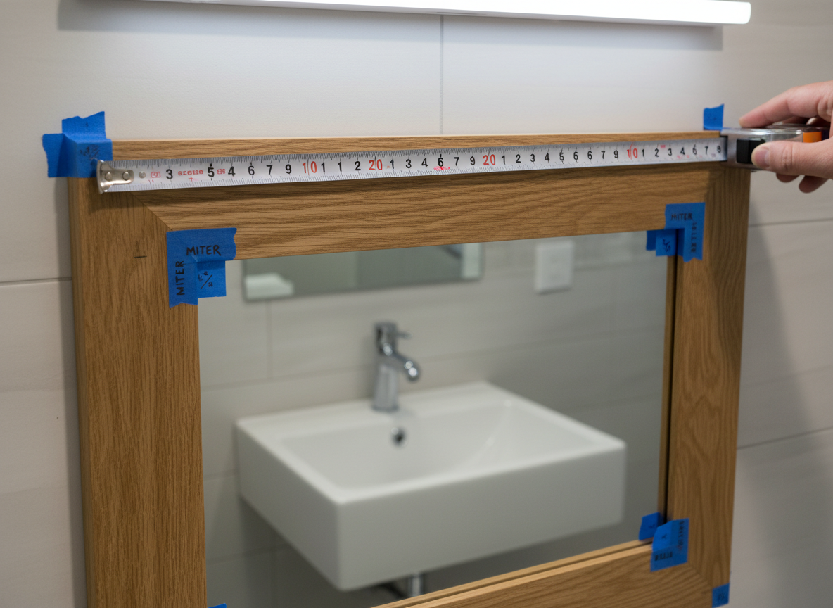 Accurate measurement points for mitered corners and mirror overlap - Bathroom mirror DIY