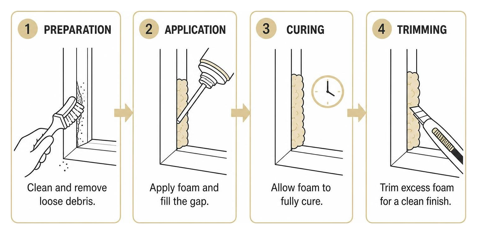 DIY foam application process showing preparation application curing and trimming DIY foam application process showing preparation application curing and trimming