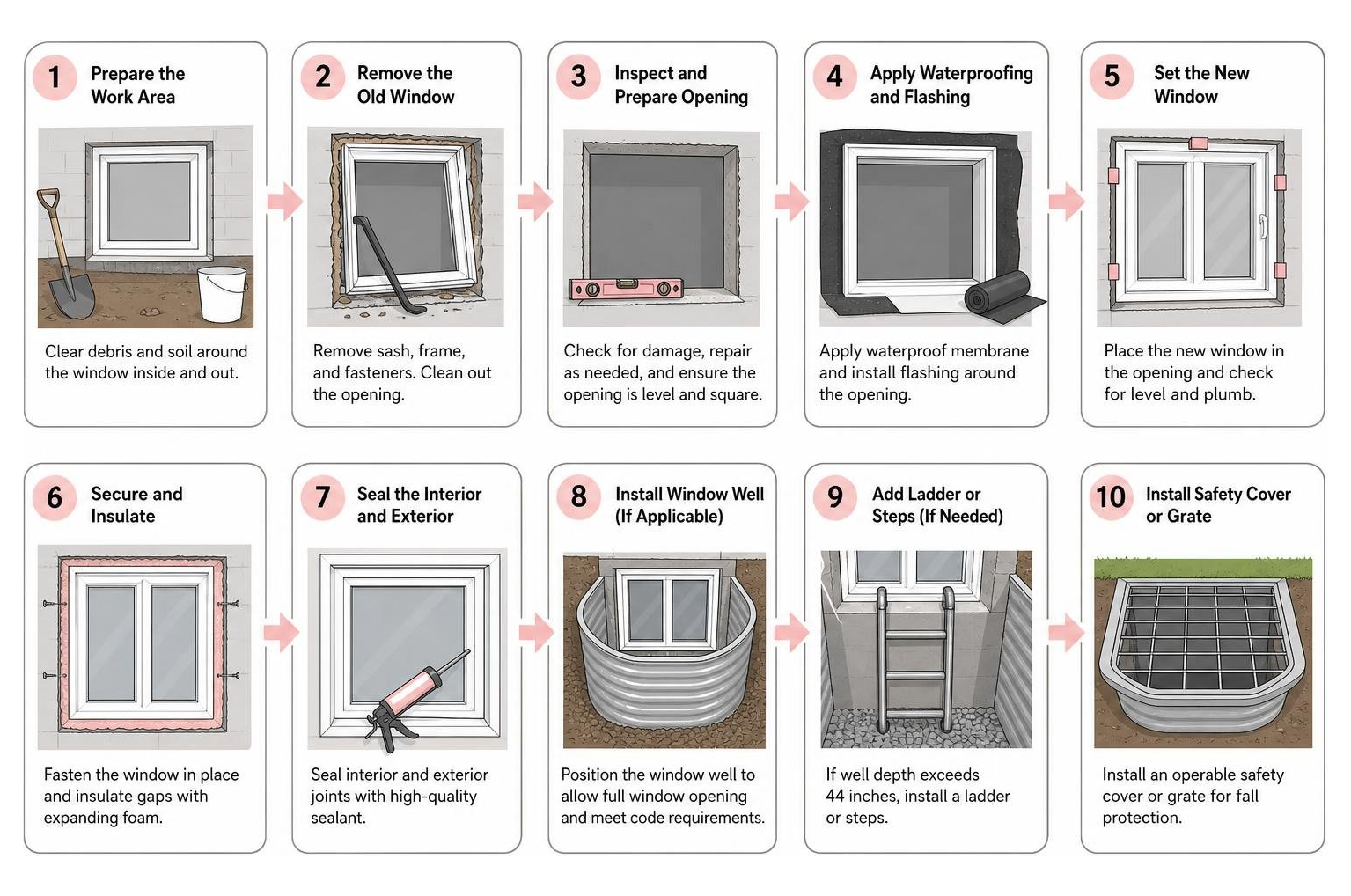 Step by step process diagram of replacing a basement window Step by step process diagram of replacing a basement window