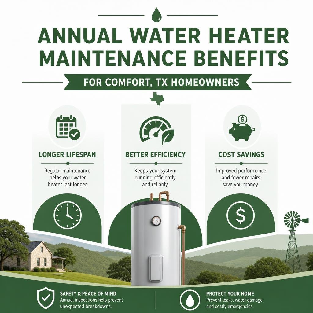 Annual water heater maintenance benefits infographic for Comfort TX homeowners showing lifespan, efficiency, and cost