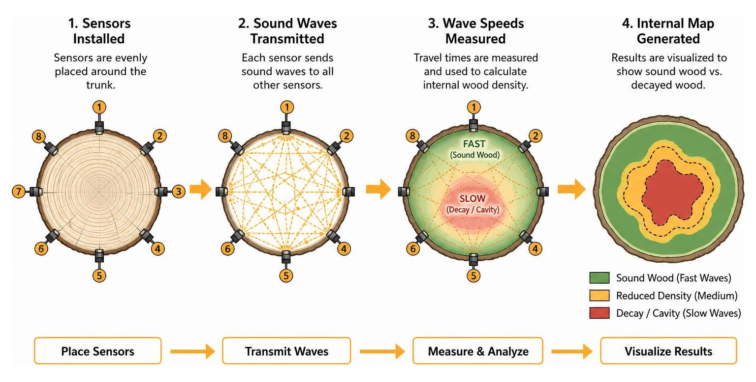 Sonic tomography wave propagation mapping sound versus decayed wood in trunk