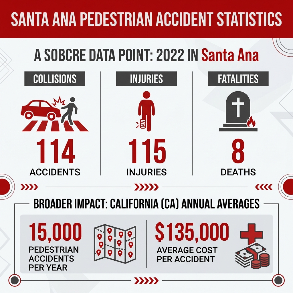 Santa Ana pedestrian accident statistics infographic: 114 accidents, 115 injuries, 8 deaths in 2022; 15,000 CA Santa Ana pedestrian accident statistics infographic: 114 accidents, 115 injuries, 8 deaths in 2022; 15,000 CA
