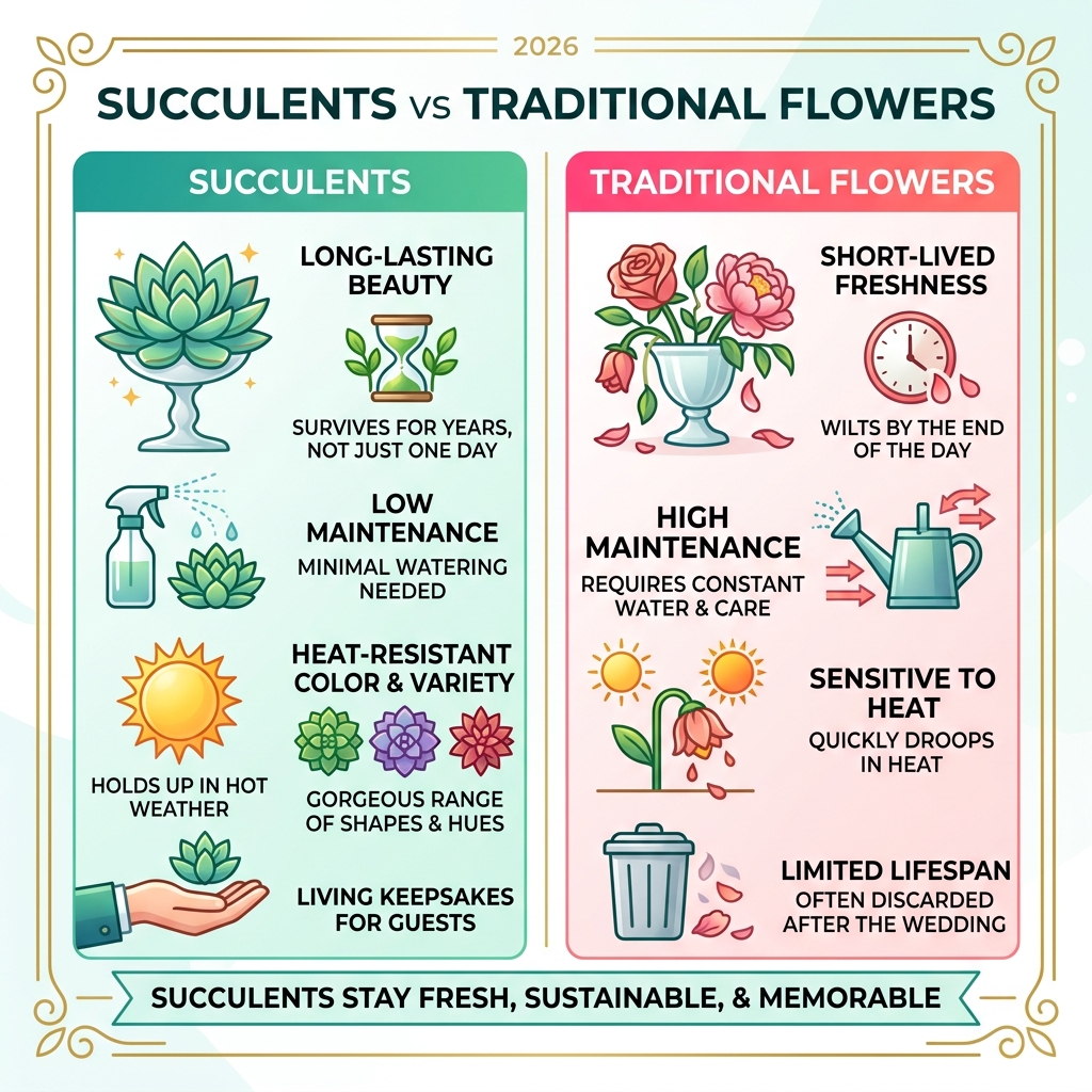 Infographic showing why succulents outlast traditional flowers in wedding centerpieces - elegant succulent wedding