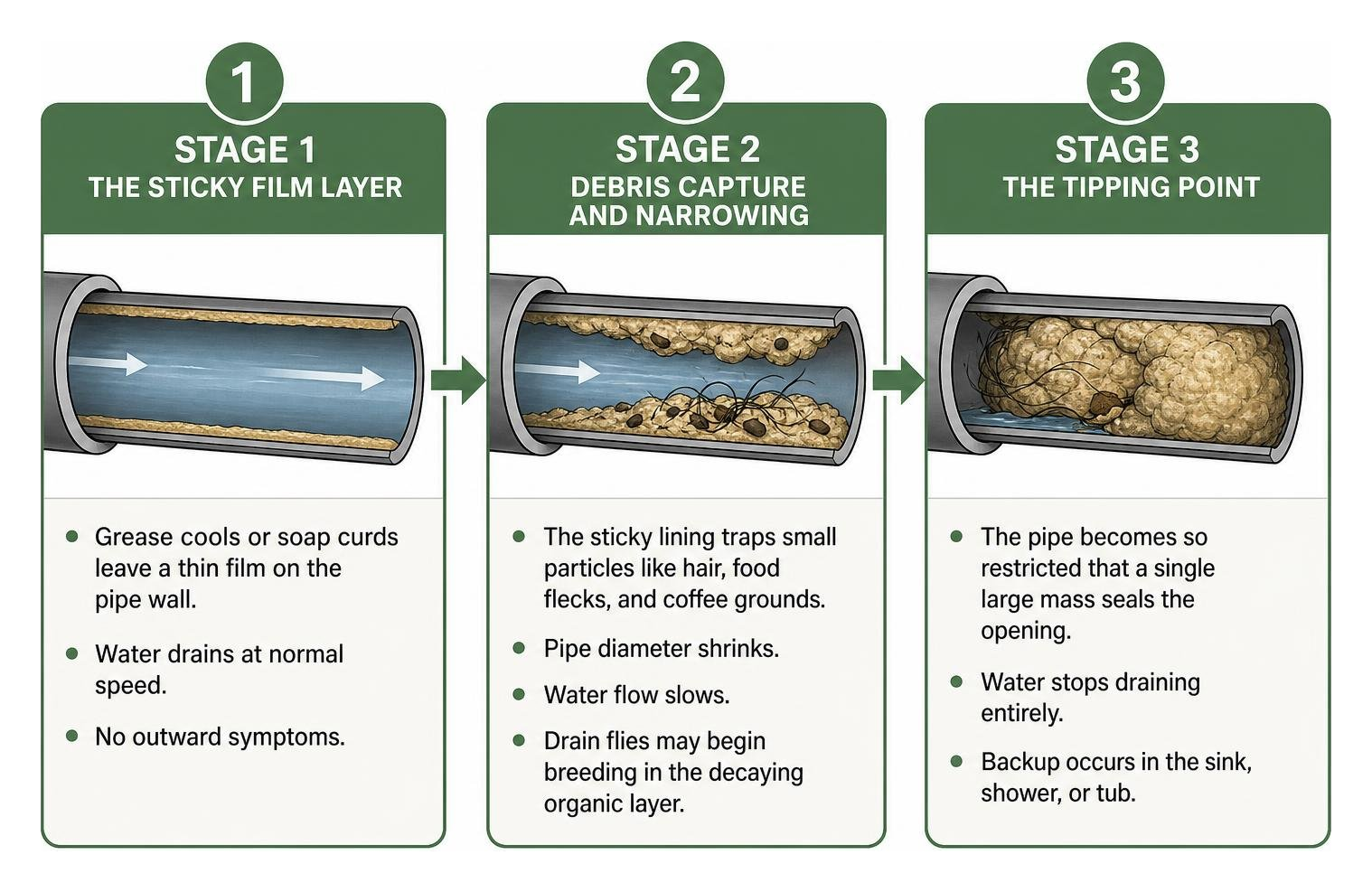 the three progressive stages of drain clog accumulation