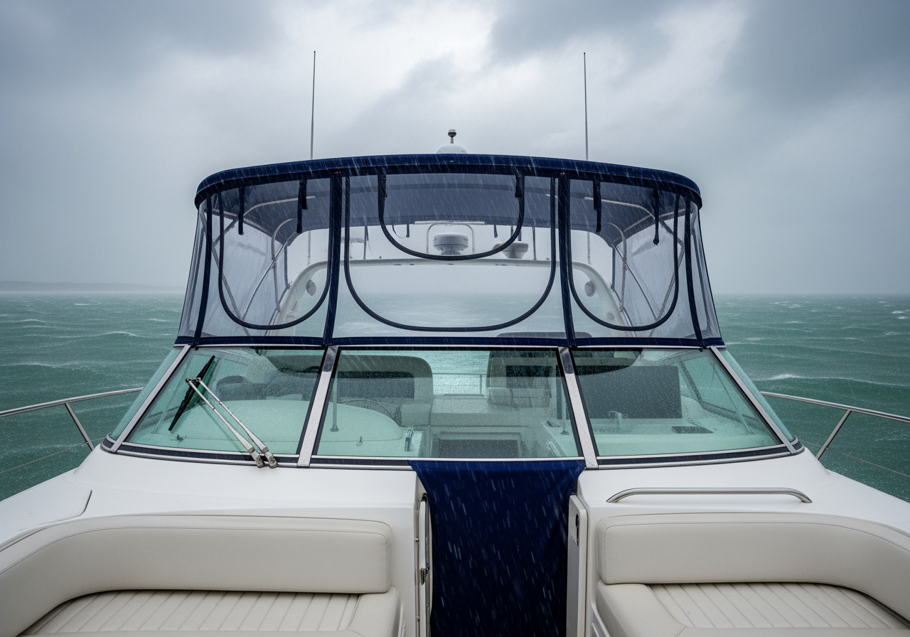 yacht cockpit protected from heavy rain - bimini enclosure kit