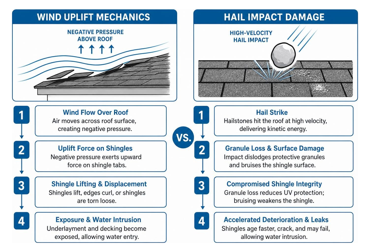 Comparison of wind uplift mechanics versus hail impact damage Comparison of wind uplift mechanics versus hail impact damage