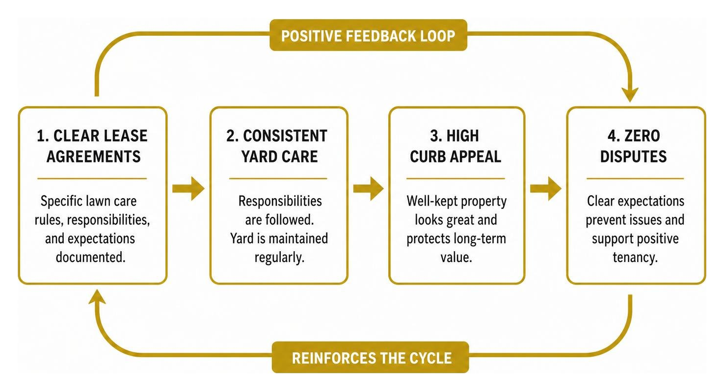 Diagram showing the feedback loop of clear lease agreements leading to high curb appeal and zero disputes