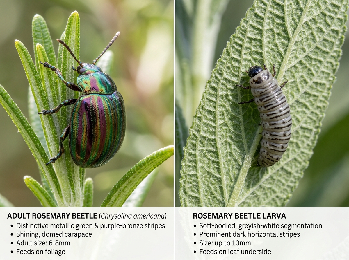 Identification guide showing adult metallic rosemary beetle versus the greyish-white larva - rosemary beetle control tips