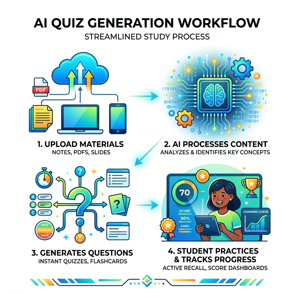 AI quiz generation workflow: upload materials, AI processes content, generates questions, student practices and tracks AI quiz generation workflow: upload materials, AI processes content, generates questions, student practices and tracks